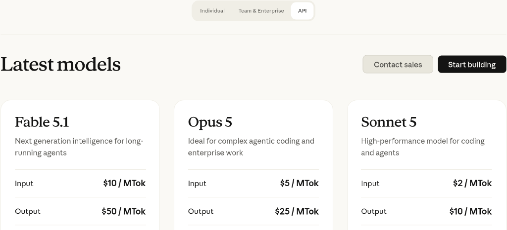 The same pricing page on the API tab: per-model cards listing input and output prices per million tokens