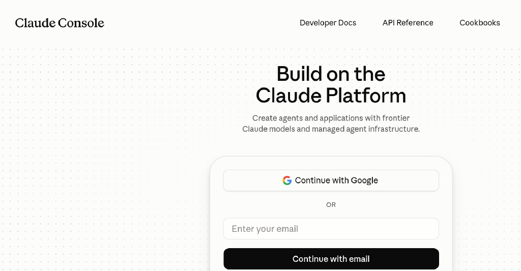 The Claude Console sign-in page, titled Build on the Claude Platform, with Continue with Google and Continue with email options