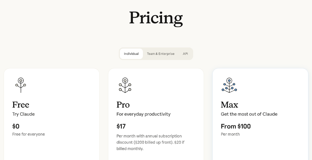 Anthropic's pricing page on the Individual tab, showing the Free, Pro and Max chat plans, with a toggle above them reading Individual, Team and Enterprise, and API
