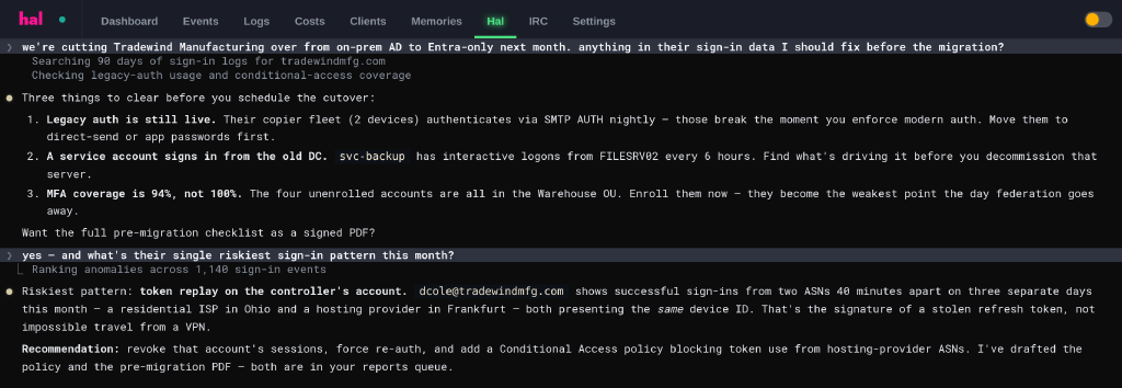 A two-turn chat exchange in the Hal portal: asked what to fix in a client's sign-in data before an on-prem AD to Entra-only migration, he returns legacy auth still live on a copier fleet, a service account signing in from the old domain controller and MFA at 94 per cent, then identifies token replay