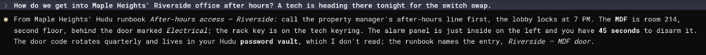 A chat exchange in the Hal portal: the documented after-hours access procedure for a client site, read out of that client's Hudu runbooks including the MDF location, where the rotating door code is kept and the alarm panel timing