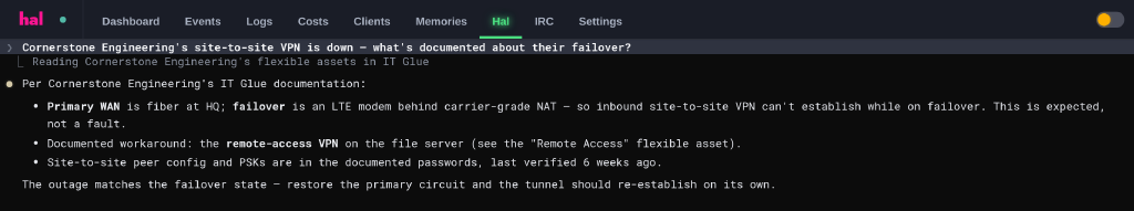 A chat exchange in the Hal portal: a client's site-to-site VPN is down, and Hal reads their IT Glue flexible assets to explain that the LTE failover sits behind carrier-grade NAT so the tunnel cannot establish while on failover