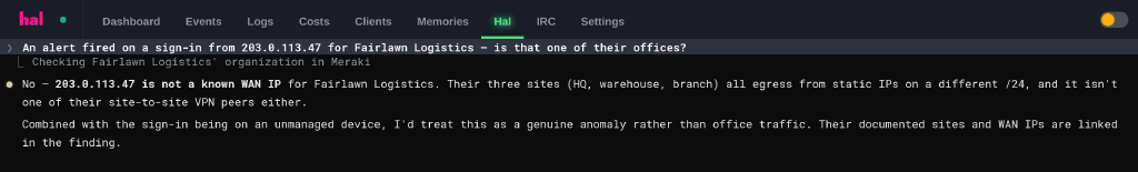 A chat exchange in the Hal portal: whether the address a sign-in came from is one of a client's own offices, answered against that client's Meraki sites and their static WAN addresses