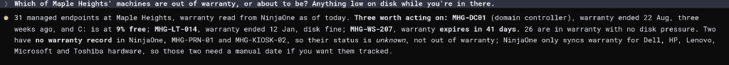 A chat exchange in the Hal portal: asked which of a client's machines are out of warranty or low on disk, he pulls the device inventory from NinjaOne and flags three of 31 managed endpoints with the reason for each
