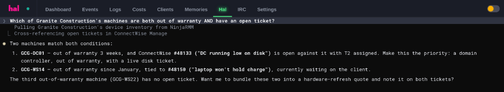 A chat exchange in the Hal portal: which machines are both out of warranty and have an open ticket, answered by pulling device inventory from the RMM and cross-referencing open tickets in the PSA