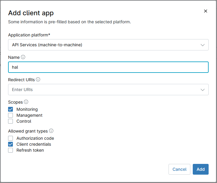 NinjaOne's Add client app form: Application platform set to API Services (machine-to-machine), the name hal, an empty Redirect URIs field, Scopes with Monitoring ticked and Management and Control unticked, and Allowed grant types with Client credentials ticked and Authorization code and Refresh token unticked