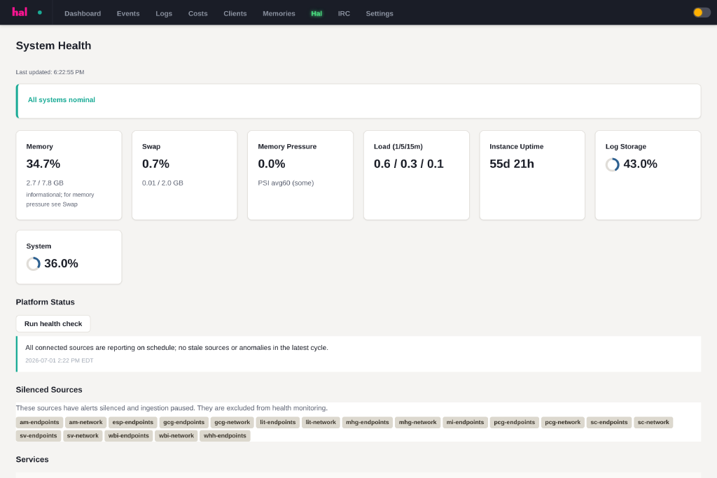 The Hal portal system health view: instance memory, swap, load average, uptime and log storage, then a platform status line confirming every connected source reported on schedule, then the list of sources deliberately silenced