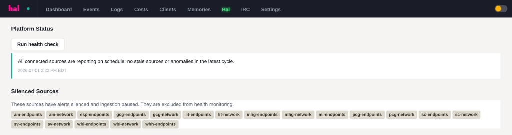 The Hal portal platform status view: every connected source reporting on schedule, and the silenced sources listed across eleven client prefixes in one place