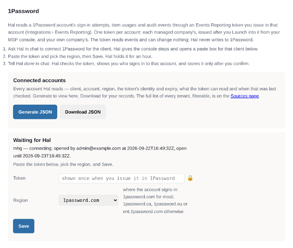 The 1Password section of Hal's Settings page: three numbered steps, a Connected accounts panel with Generate JSON and Download JSON buttons, and a Waiting for Hal panel showing a paste box for one client, opened by an admin and open for a day, with a Token field, a Region dropdown set to 1password.com, and a Save button