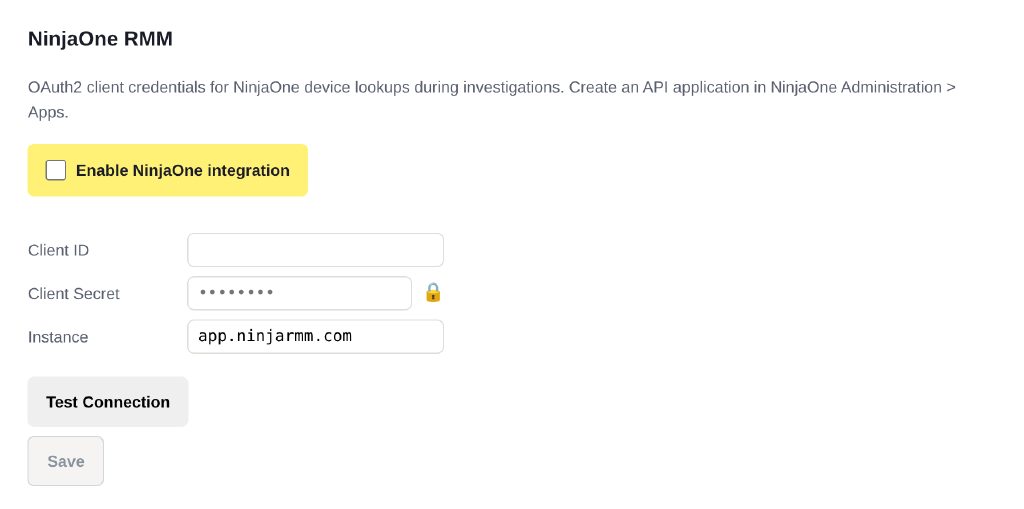 The NinjaOne RMM section of Hal's Settings page: an Enable NinjaOne integration toggle, fields for Client ID, Client Secret and Instance with app.ninjarmm.com as the placeholder, and Test Connection and Save buttons