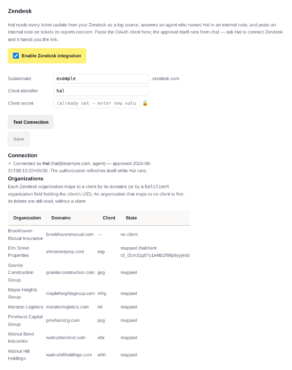 The Zendesk section of Hal's Settings page: an Enable Zendesk integration toggle, fields for Subdomain with .zendesk.com after it, Client identifier reading hal, and Client secret, Test Connection and Save buttons; below them a Connection line reading Connected as Hal, and an Organizations table with columns Organization, Domains, Client and State, seven rows mapped, one of them by the halclient field, and one vendor row with no client