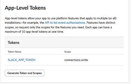 The App-Level Tokens card on the Slack app’s Basic Information page, listing one token with the connections:write scope and a Generate Token and Scopes button