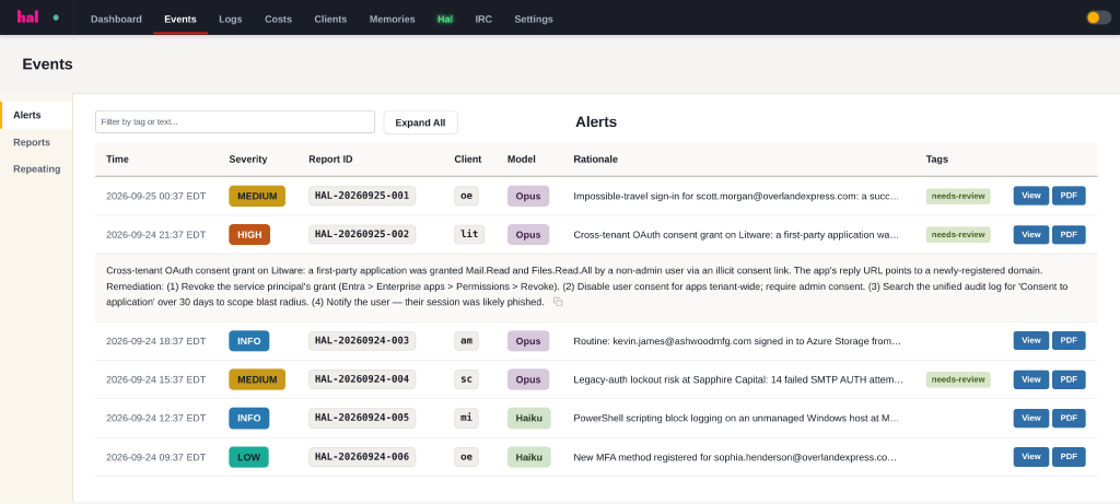 The Hal portal events list with one alert expanded, showing the reasoning behind a cross-tenant OAuth consent grant and four numbered remediation steps